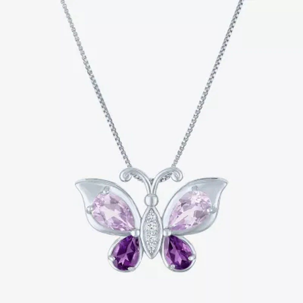 Womens Genuine Purple Amethyst Sterling Silver Butterfly Pendant Necklaces