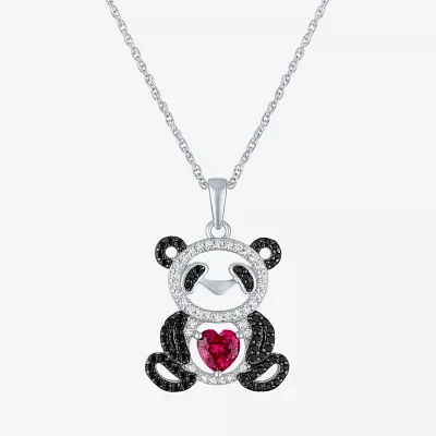 Panda Womens Lab Created Red Ruby Sterling Silver Animal Heart 16 Inch Pendant Necklace