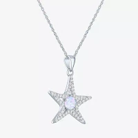 Womens Lab Created White Opal Sterling Silver Star Pendant Necklace