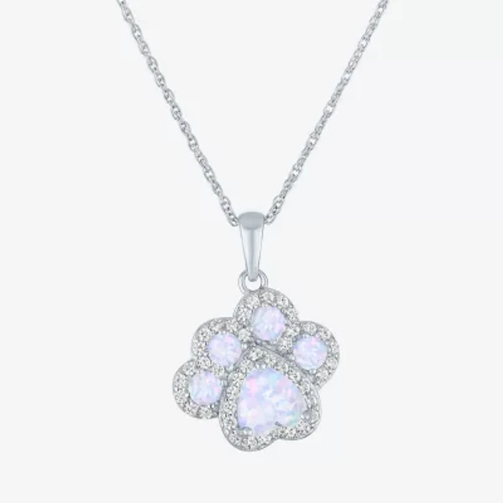 Paw Print Womens Lab Created White Opal Sterling Silver Pendant Necklace