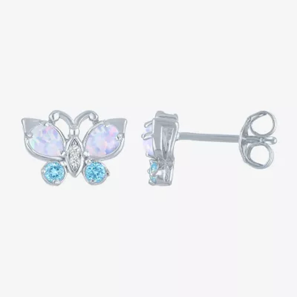 Lab Created White Opal Sterling Silver Butterfly Stud Earrings