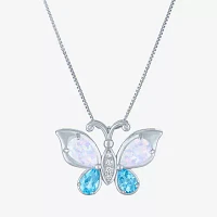 Womens Lab-Created Opal and Genuine Blue Topaz Sterling Silver Butterfly Pendant Necklace