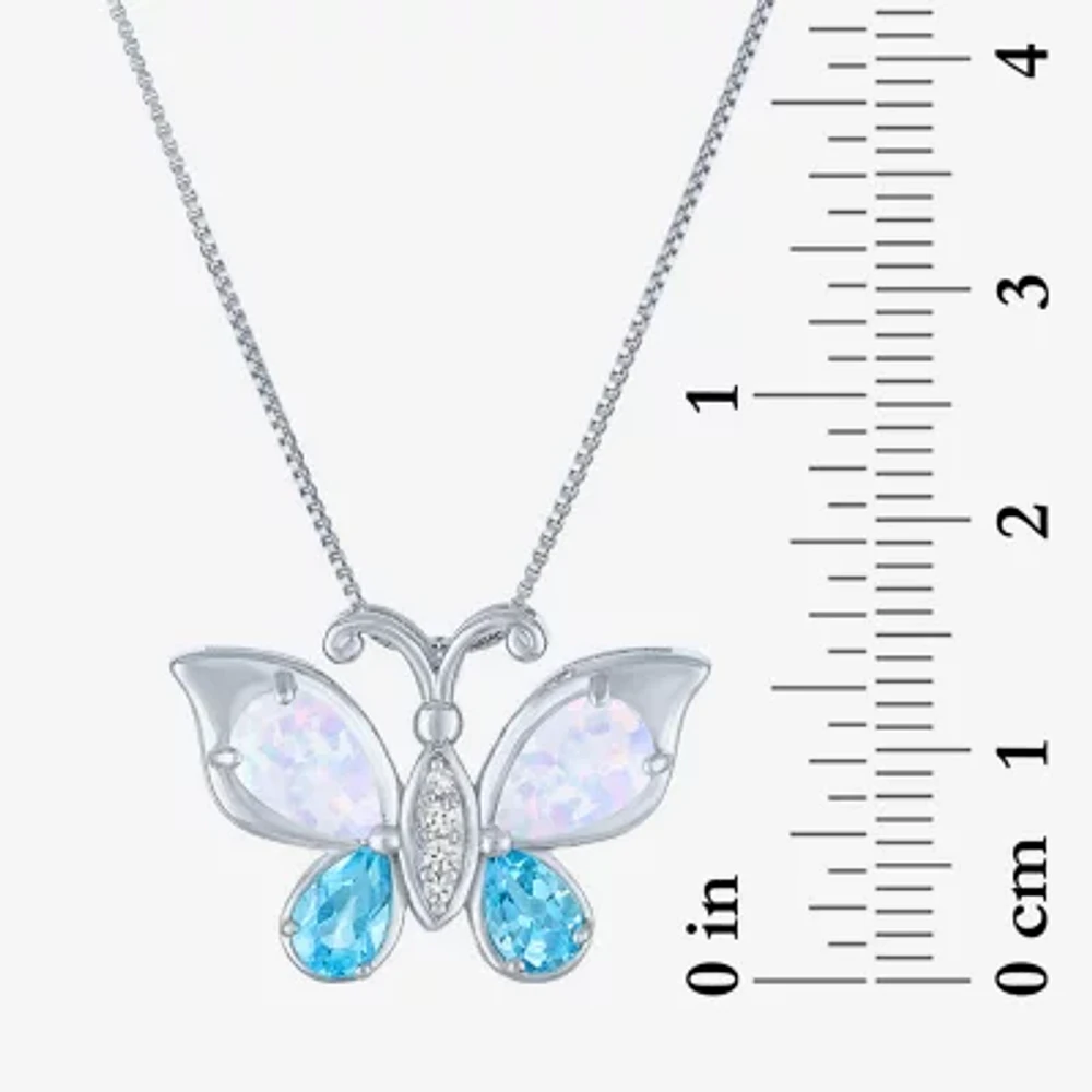 Womens Lab-Created Opal and Genuine Blue Topaz Sterling Silver Butterfly Pendant Necklace