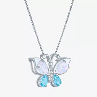 Womens Lab-Created Opal and Genuine Blue Topaz Sterling Silver Butterfly Pendant Necklace