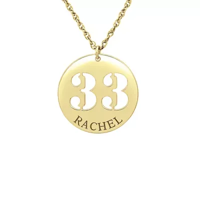 Personalized Womens 14K Gold Name and Number Round Pendant Necklace