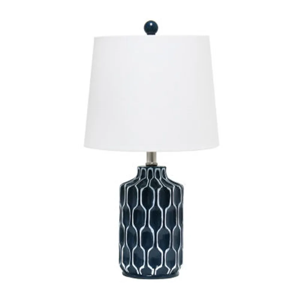 Blue Polyresin Table Lamp with White Fabric Shade