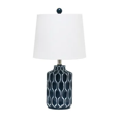 Blue Polyresin Table Lamp with White Fabric Shade