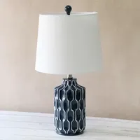 Blue Polyresin Table Lamp with White Fabric Shade