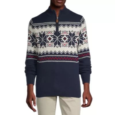 St. John's Bay Fairisle Quarter Zip Mens Mock Neck Long Sleeve Pullover Sweater