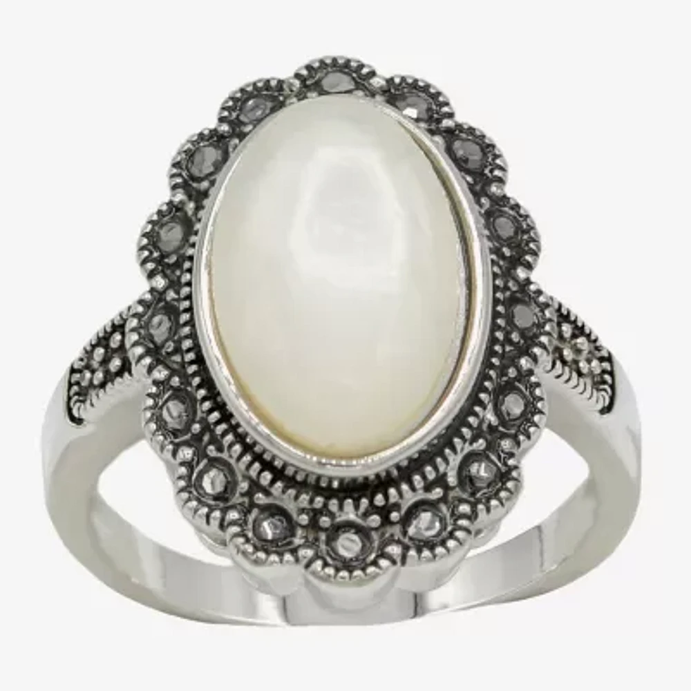 Sparkle Allure Antique Womens White Mother Of Pearl Pure Silver Over Brass Oval Cocktail Ring