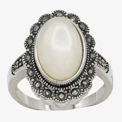 Sparkle Allure Antique Womens White Mother Of Pearl Pure Silver Over Brass Oval Cocktail Ring