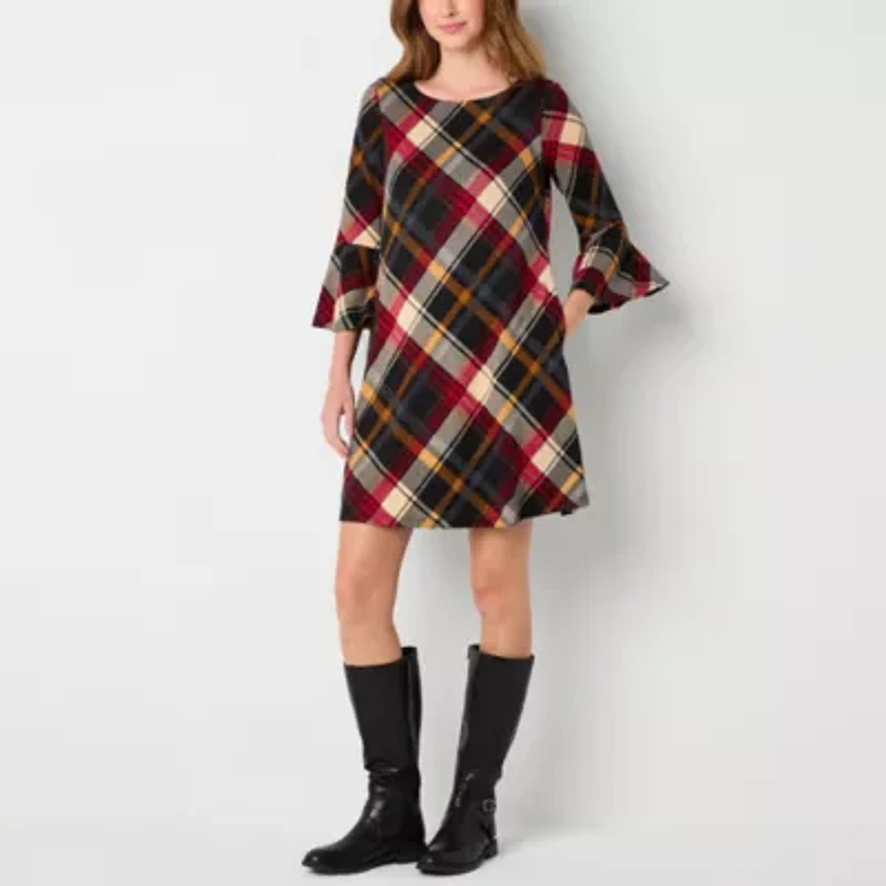 Jessica Howard Womens 3/4 Sleeve Plaid Shift Dress Petite