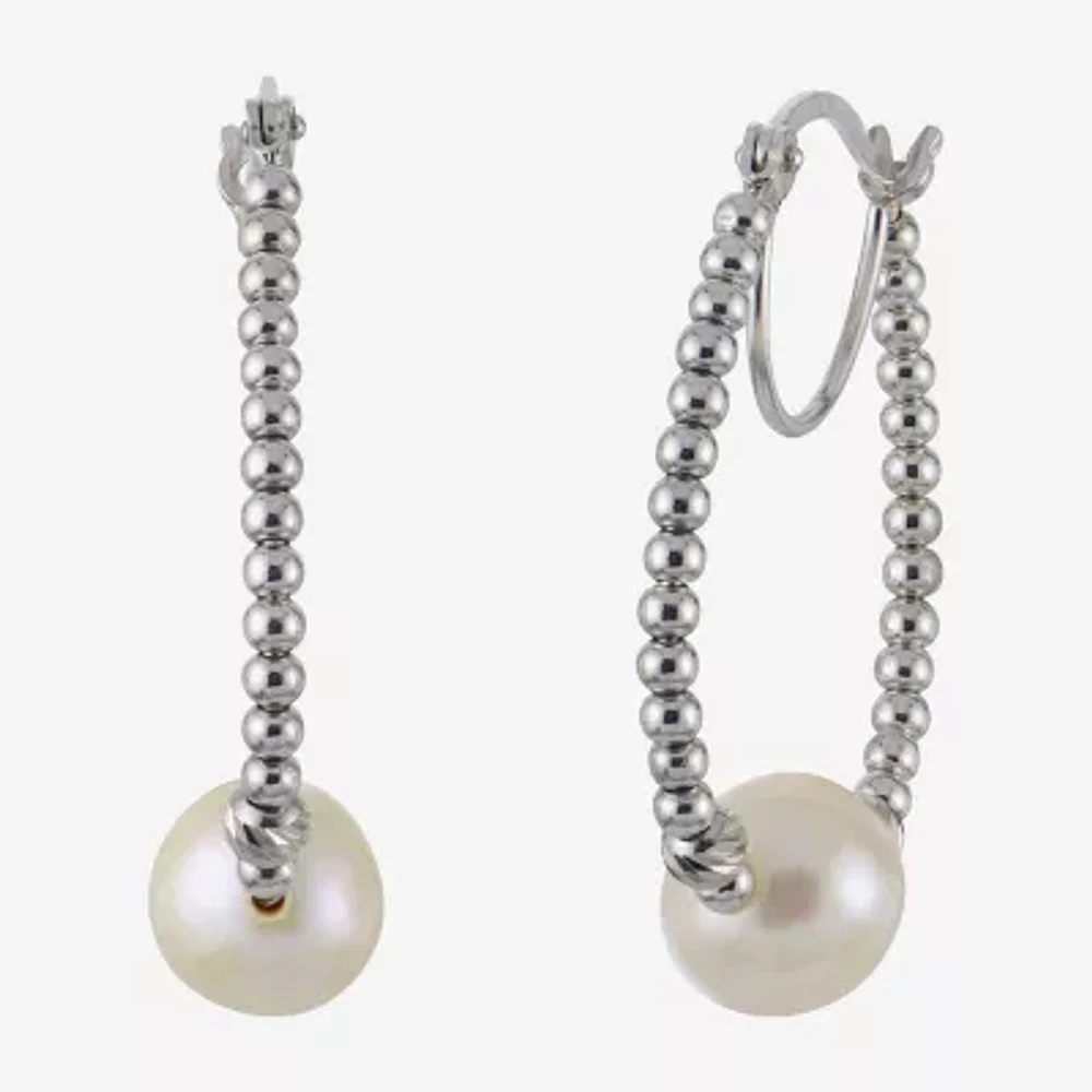 White Cultured Freshwater Pearl Sterling Silver 32mm Hoop Earrings