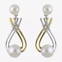 White Cultured Freshwater Pearl 14K Two Tone Gold Over Silver Drop Earrings
