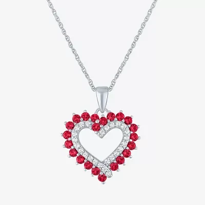 Womens Lab Created Red Ruby Sterling Silver Heart Pendant Necklace