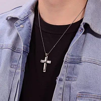 Mens Cubic Zirconia Stainless Steel Triple Layer Cross Pendant Necklace