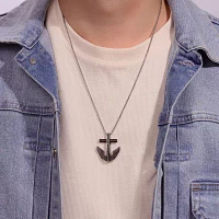 Mens Black IP Stainless Steel Anchor Pendant Necklace