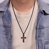 Mens Cubic Zirconia Black Stainless Steel and Rose IP Textured Cross Pendant Necklace