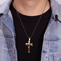 Mens Two-Tone Stainless Steel Triple Layer Cross Pendant Necklace