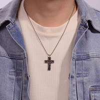 Mens Antique Finish Stainless Steel Cross Pendant Necklace