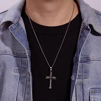 Mens Stainless Steel Cable Cross Pendant Necklace