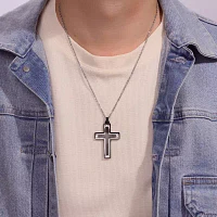 Mens Stainless Steel & Black IP w/Carbon Fiber Inlay Cross Pendant Necklace