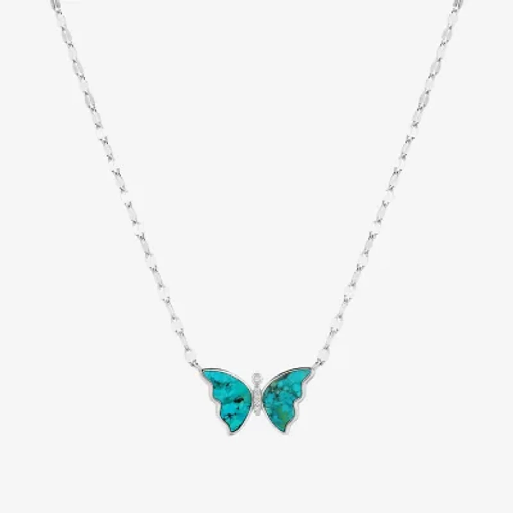 Womens Blue Turquoise Sterling Silver Butterfly Pendant Necklace