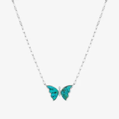 Womens Blue Turquoise Sterling Silver Butterfly Pendant Necklace