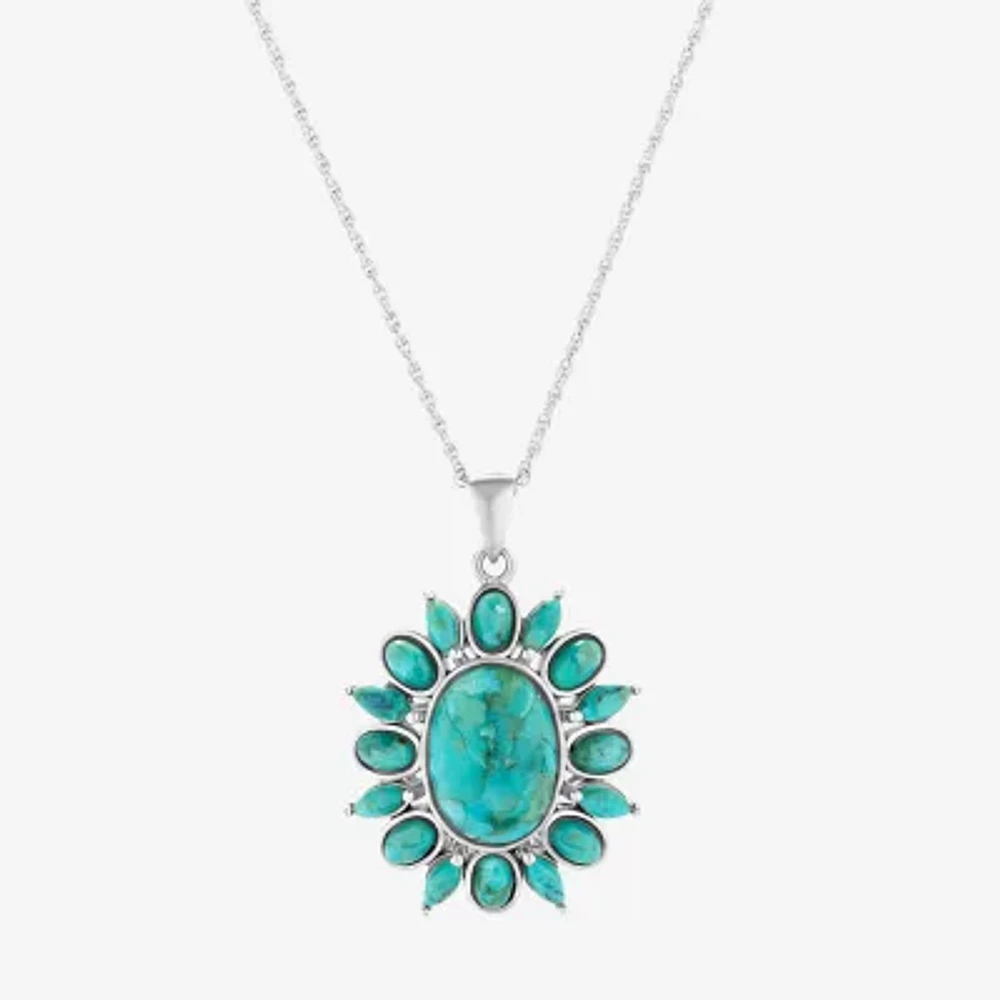 Womens Blue Turquoise Sterling Silver Oval Marquise Pendant Necklace