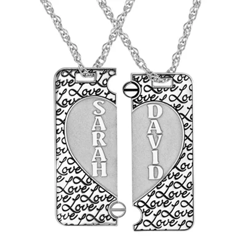 "Love" Personalized Sterling Silver 2-pc. Couples Name Broken Heart Dog Tag Pendant Necklace Set