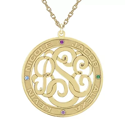 Personalized 14K Gold Over Sterling Silver 30mm Family Birthstone Pendant Necklace