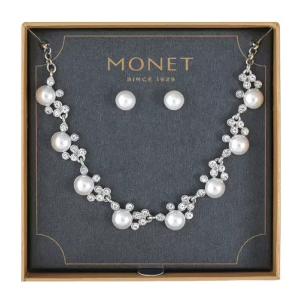 Monet Jewelry Silver Tone Collar Necklace And Stud Earring 2-pc. Simulated Pearl Jewelry Set