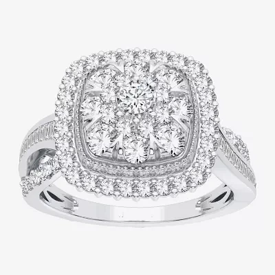 Womens 1 CT. T.W. Natural White Diamond 10K Gold Cushion Side Stone Halo Engagement Ring