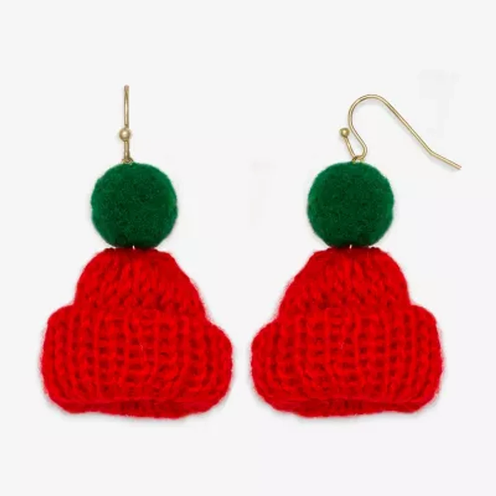 Mixit Red & Green Winter Knit Hat Stainless Steel Drop Earrings