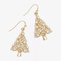 Mixit Gold Tone & Pearl Christmas Tree Glass Simulated Pearl Stainless Steel Drop Earrings