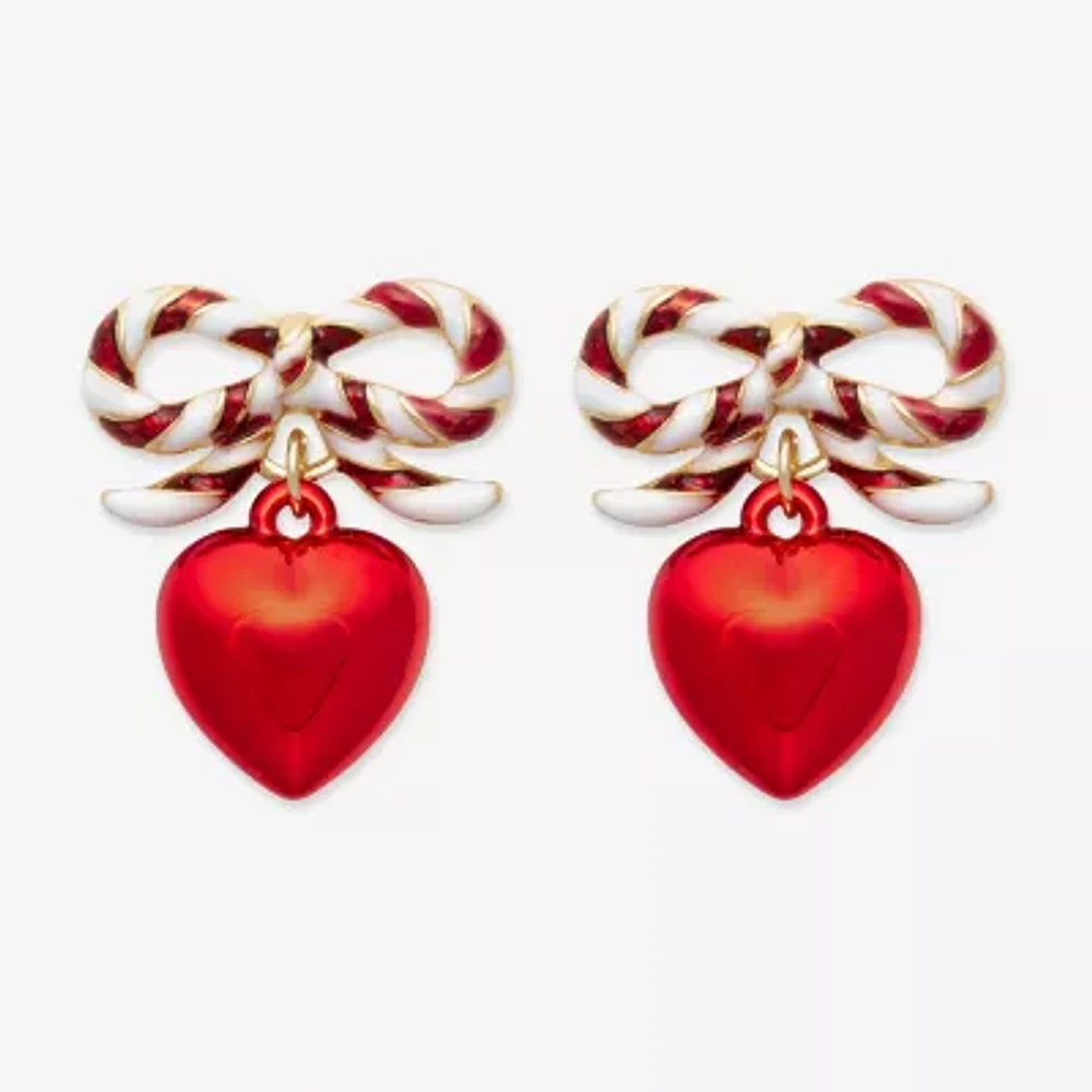 Mixit Candy Cane Bow And Red Bell Heart Drop Earrings