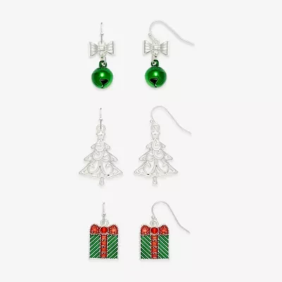 Mixit Silver Tone Bell; Present & Christmas Tree 3 Pair Glass Earring Set