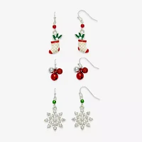 Mixit Silver Tone Bell; Stocking & Snowflake 3 Pair Cubic Zirconia Earring Set