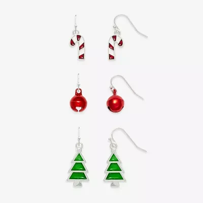 Mixit Silver Tone Bell; Candy Cane & Christmas Tree 3 Pair Glass Earring Set