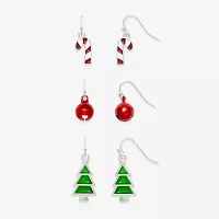 Mixit Silver Tone Bell; Candy Cane & Christmas Tree 3 Pair Glass Earring Set