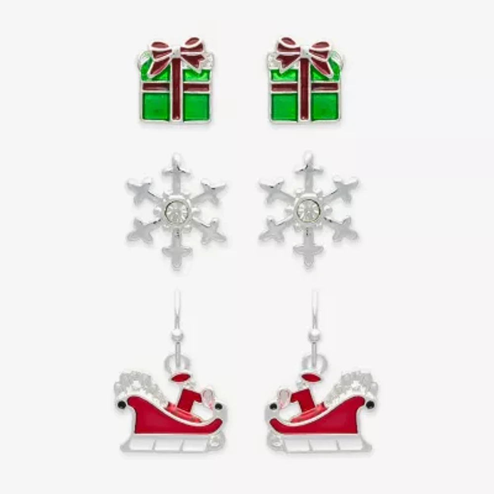 Mixit Silver Tone Present; Snowflake & Santas Sleigh 3 Pair Glass Earring Set