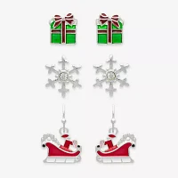 Mixit Silver Tone Present; Snowflake & Santas Sleigh 3 Pair Glass Earring Set