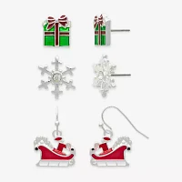 Mixit Silver Tone Present; Snowflake & Santas Sleigh 3 Pair Glass Earring Set