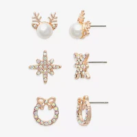 Mixit Rose Gold Snowflake; Reindeer & Wreath 3 Pair Glass Simulated Pearl Earring Set