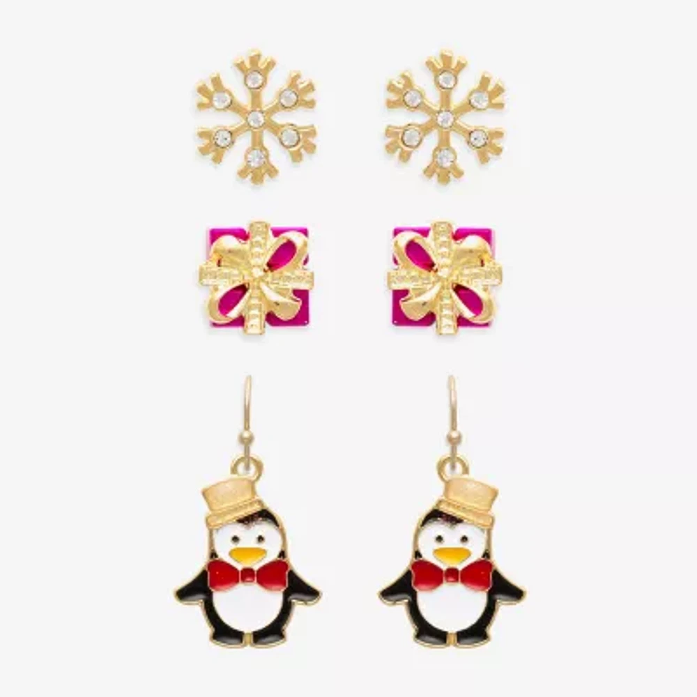 Mixit Gold Tone Snowflake; Present & Penguin 3 Pair Glass Earring Set