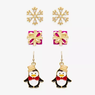 Mixit Gold Tone Snowflake; Present & Penguin 3 Pair Glass Earring Set