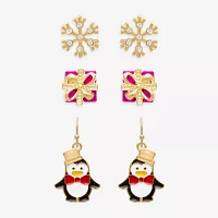 Mixit Gold Tone Snowflake; Present & Penguin 3 Pair Glass Earring Set