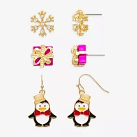 Mixit Gold Tone Snowflake; Present & Penguin 3 Pair Glass Earring Set