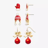 Mixit Gold Tone Mitten; Hat & Bell 3 Pair Earring Set