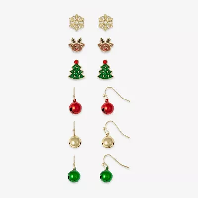 Mixit Gold Tone Christmas Tree; Reindeer & Bell 6 Pair Glass Earring Set